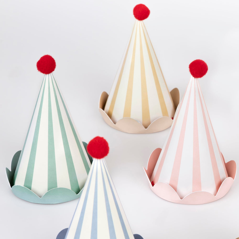 Meri Meri bright cone hats offer comfortable fit for kids and adults.
