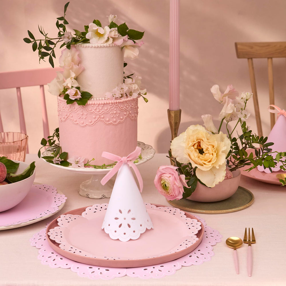 Meri Meri Broderie Anglaise lace hat pastel peach adds delicate charm.
