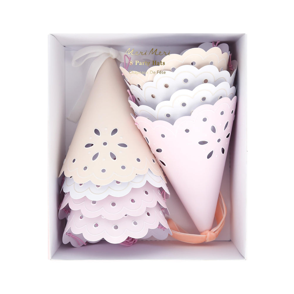 Meri Meri embossed lace hat with velvet bow provides refined headwear options.