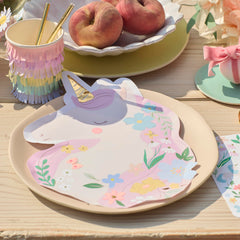 Meri Meri Meadow Unicorns plates on a table demonstrating 450gsm durability for hot or cold foods.