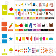 Merka 64-card set covers letters, numbers, and shapes for comprehensive practice.