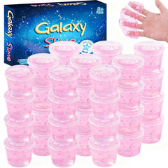 MermaidSlime pink galaxy slime cups with star patterns for party favors and sensory play.
