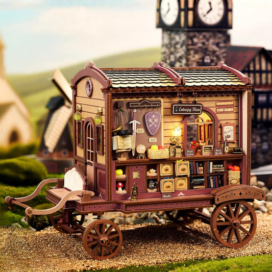 Merrifete Traveling Magic Shop carriage exterior highlights cathedral charm for display