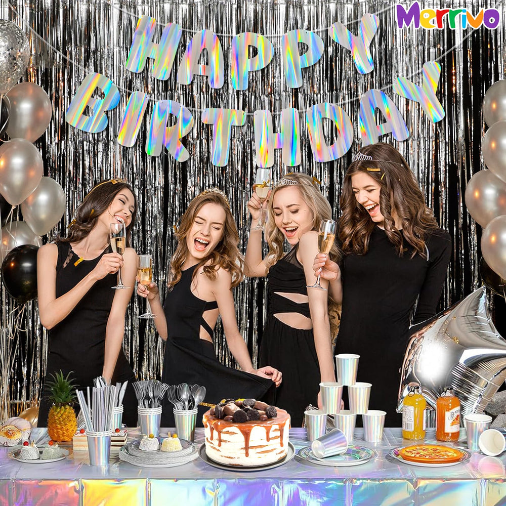Merrivo Holographic backdrop and gift-worthy banner elevate party ambiance.
