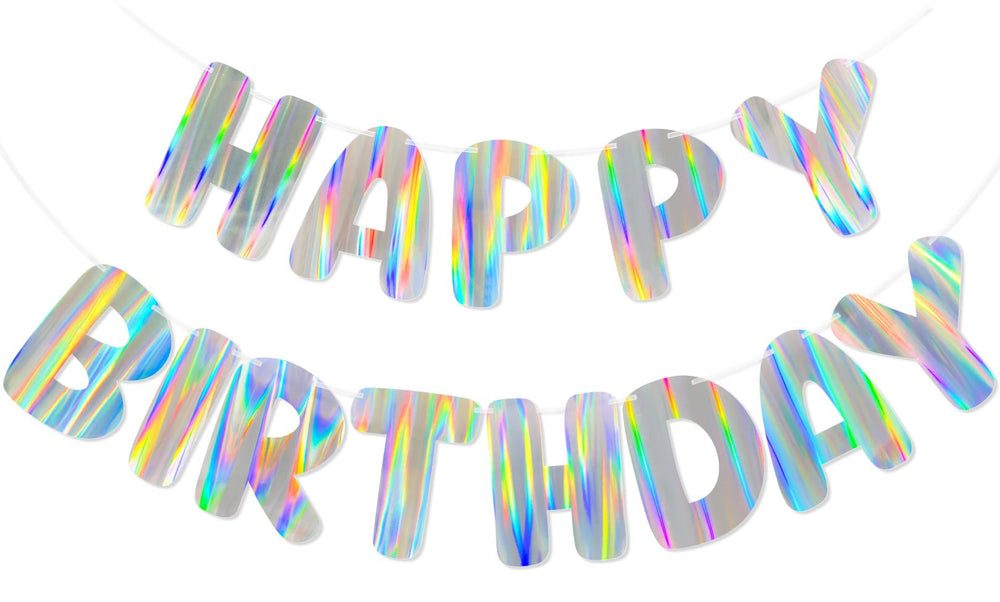 Merrivo Iridescent Birthday Banner with aurora colors enhances vibrant party photos.