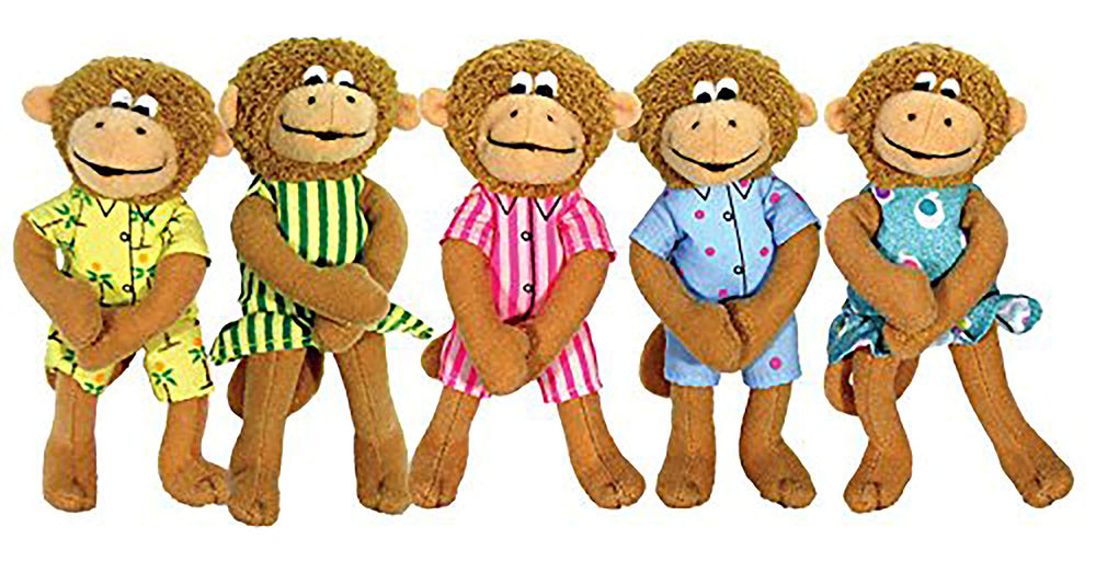 MerryMakers Five Little Monkeys puppets set, front view, ideal for storytelling and imaginative play.