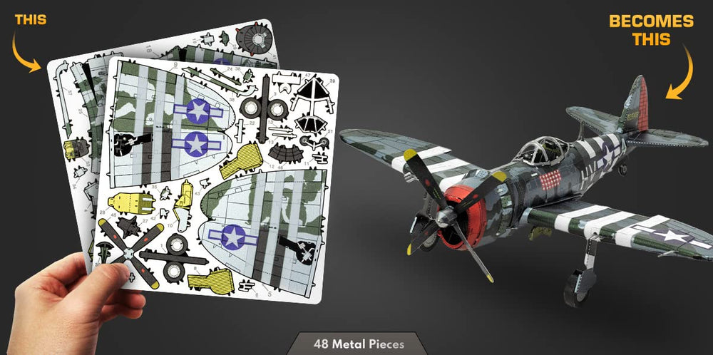Illustrated instructions guide the Metal Earth P-47 Thunderbolt build