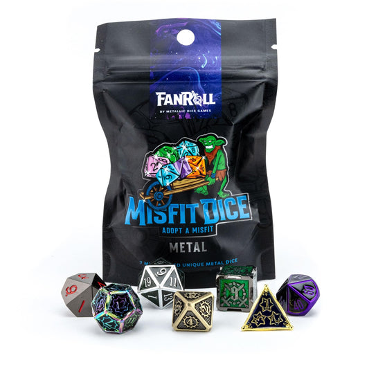 Metallic Dice Games FanRoll Mystery Misfit bag open showing seven zinc dice for RPG use