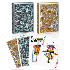 Metsyth playing cards with green and orange backs for versatile games.