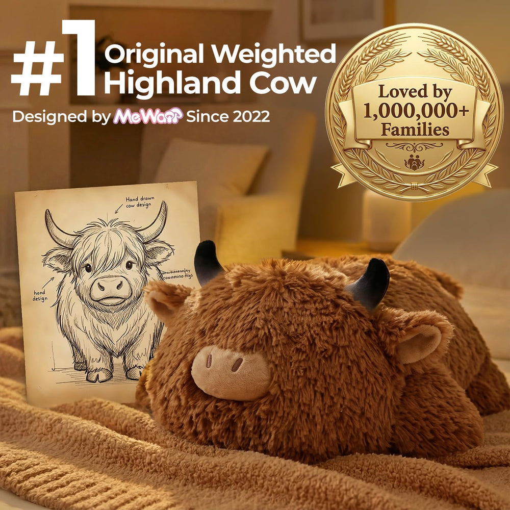 Mewaii Highland Cow weighted plush full-body hug ideal for relaxing evenings.