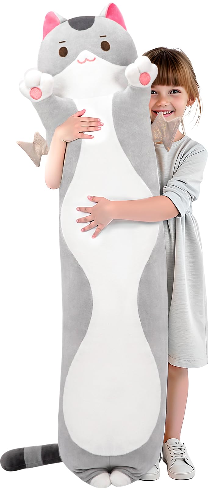 Mewaii long cat plush, 36 inches, side view for cozy hugging comfort.