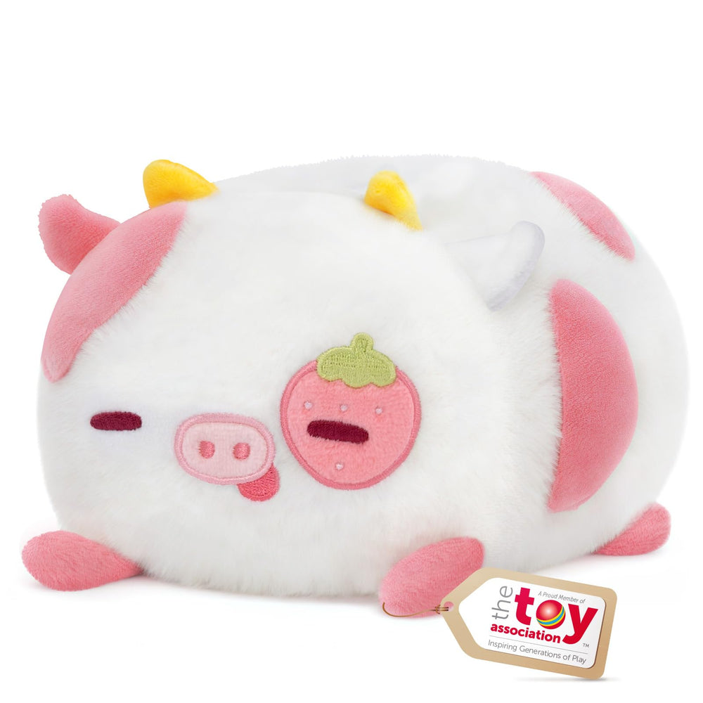 Mewaii Strawberry Cow Plush full body view emphasizes cuddly comfort
