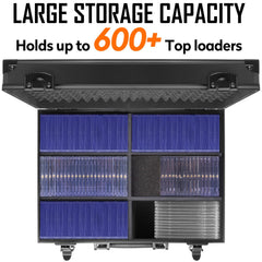 MewVeer Top Loader Case capacity illustration showing room for 600+ top loaders.