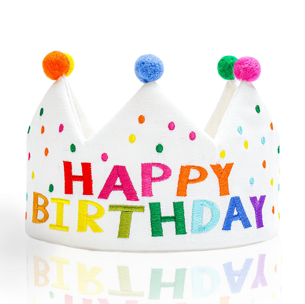 Meygajoe Rainbow Happy Birthday Crown close-up showing colorful wool balls for keepsake photos