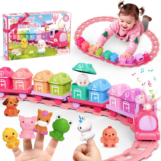 Meytccve train set toy pink with chugging action for imaginative play.