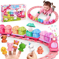 Meytccve train set toy pink with chugging action for imaginative play.