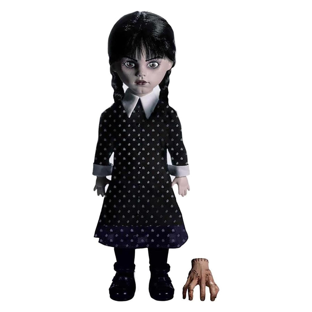 Mezco Wednesday doll in black and white for display and collection.
