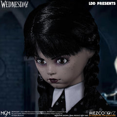 Mezco Wednesday doll close-up face reveals crisp sculpting for collectors.