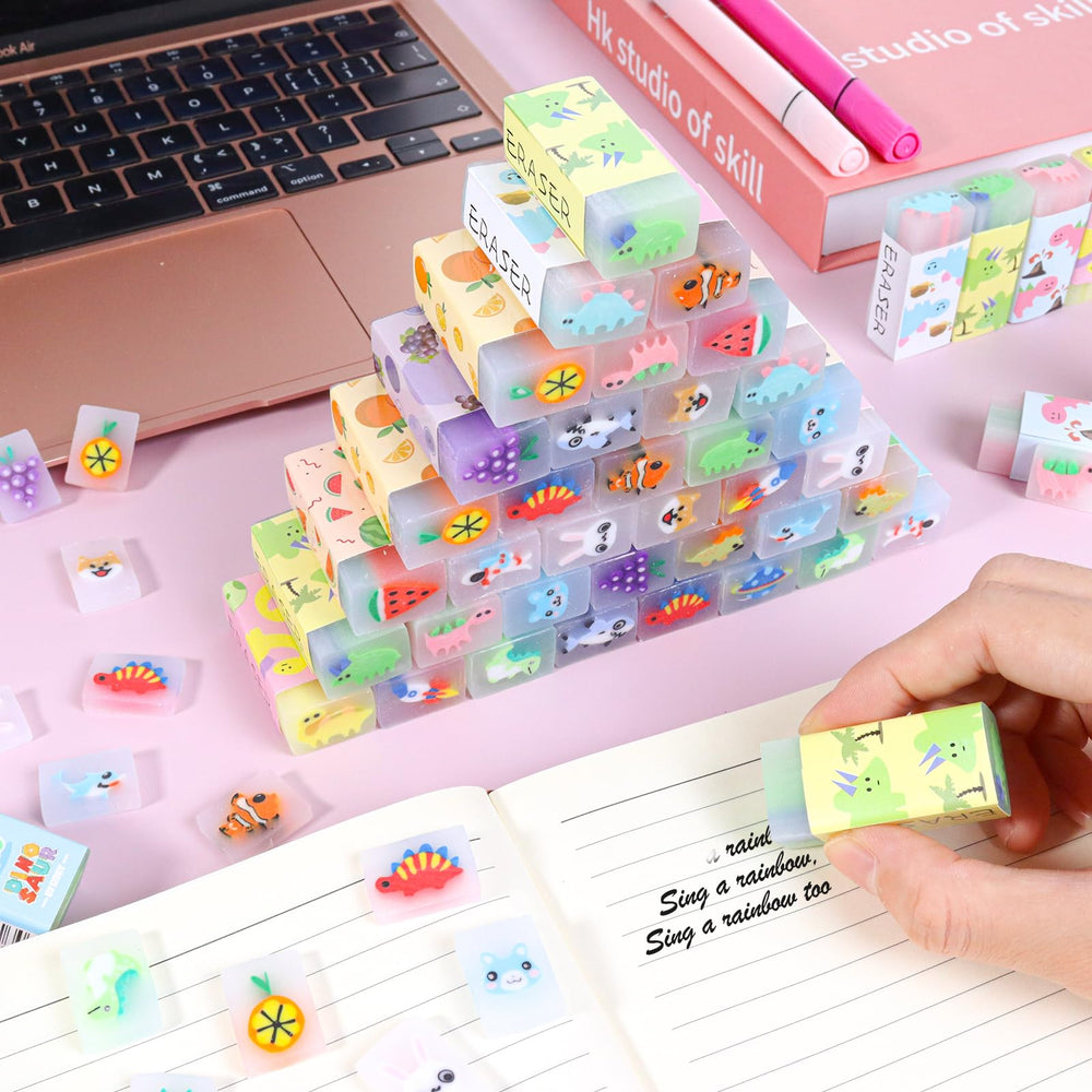 MEZHOBBY assorted animal-fruit-dinosaur-space erasers inspire creative erasing during school tasks.