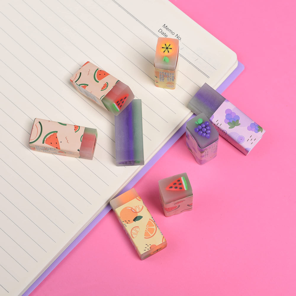 MGTECH fruit erasers colorful textures highlight non-toxic materials for safe coloring.