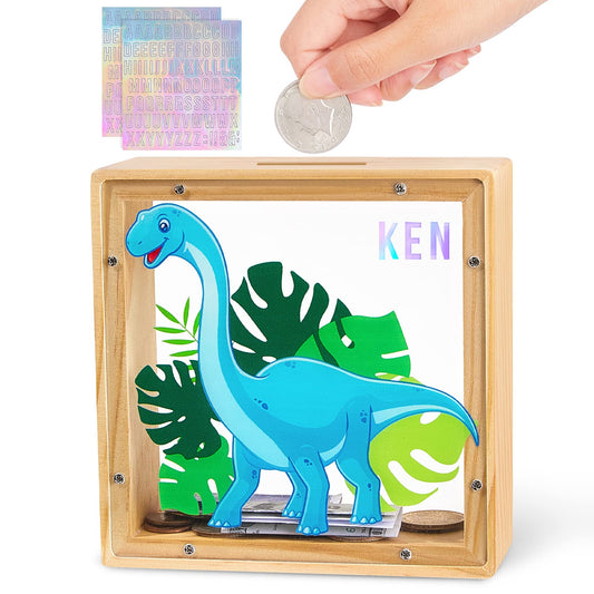 MHJY piggy bank dinosaur blue front view, durable wooden construction