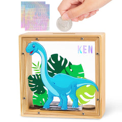 MHJY piggy bank dinosaur blue front view, durable wooden construction