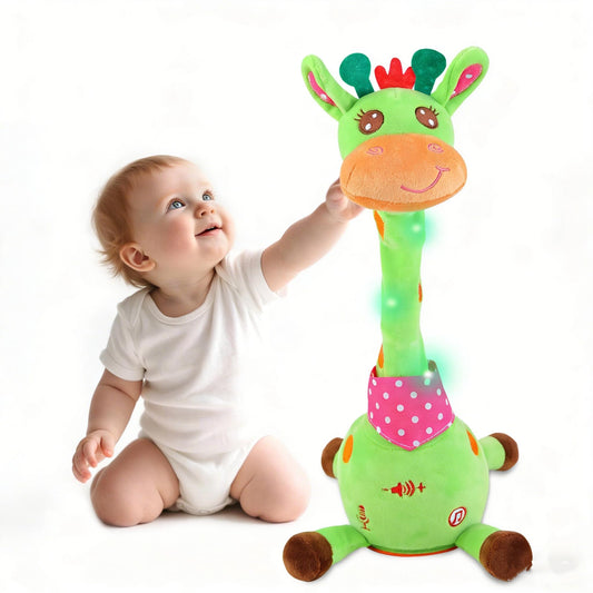 MIAODAM dancing giraffe toy with green glowing LED lights for interactive play.