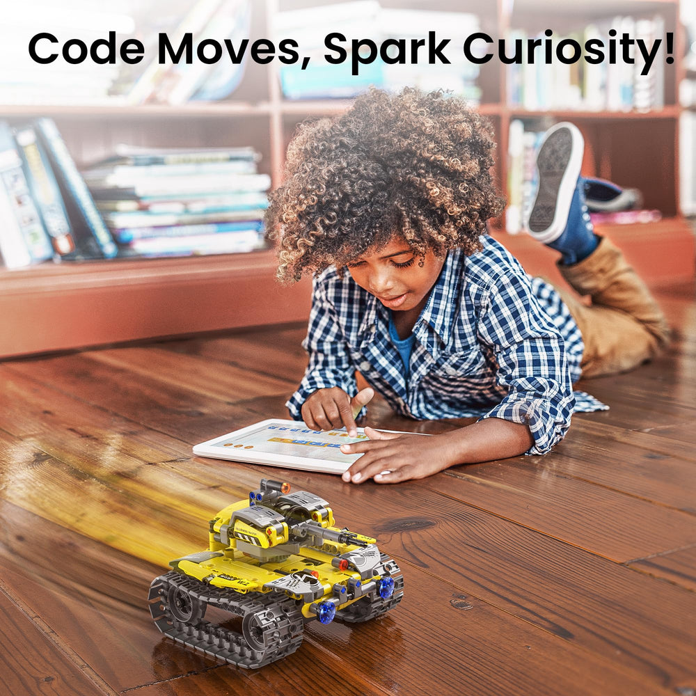 Mibido STEM five models image displaying robot, dinosaur, car, tank, and custom build