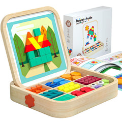 Migargle 288-piece wooden magnetic pattern blocks set for collaborative pattern exploration.