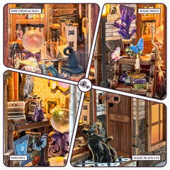Miggley glowing lights illuminate the tiny clock shop ambiance