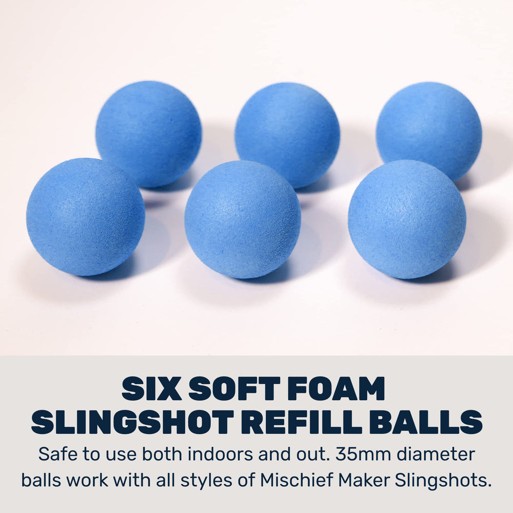 Mighty Fun! foam balls show 35mm diameter, ideal for safe slingshot games.