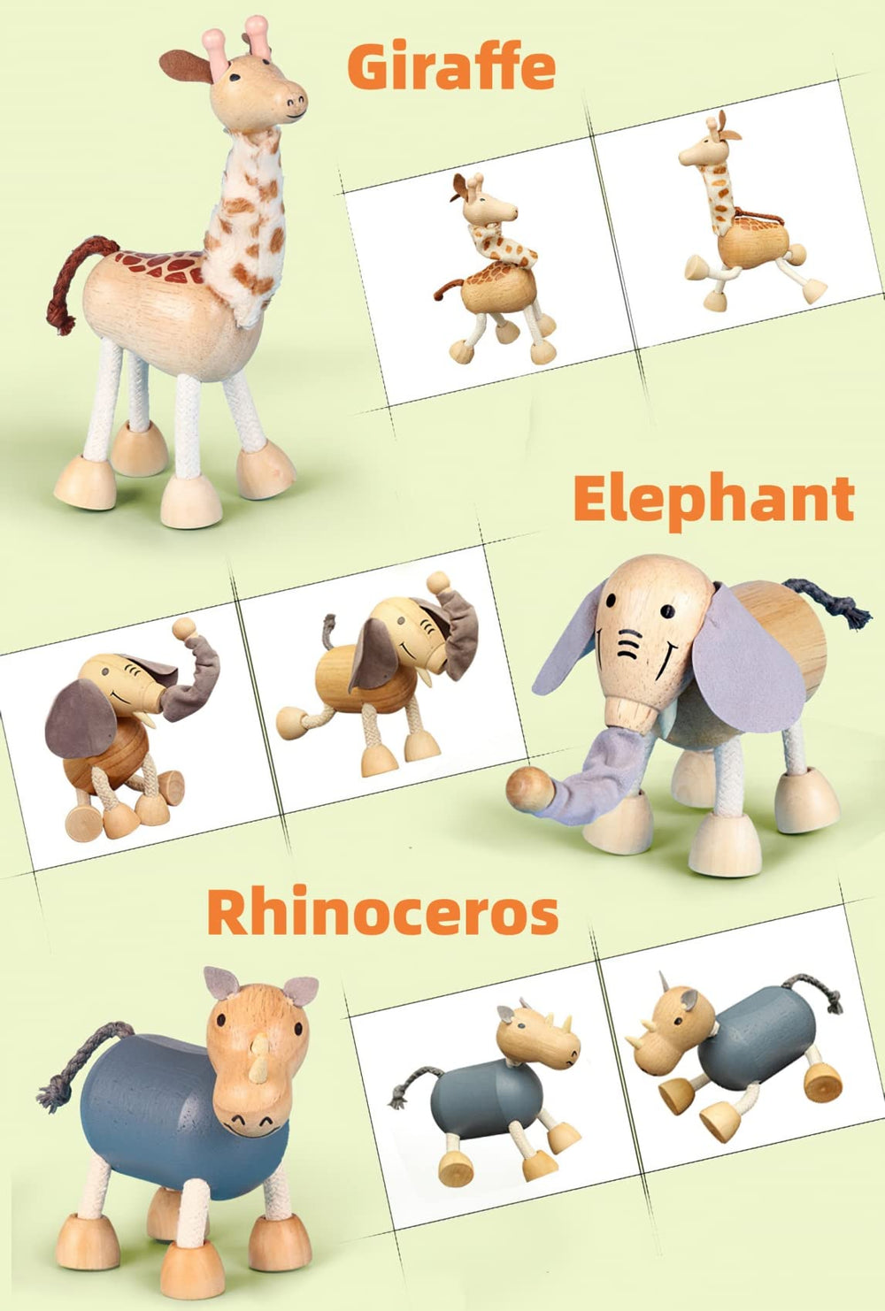 MIKNEKE rhinoceros bendable wooden figure supports interactive learning through manipulation