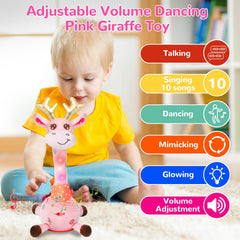 MILEGI tummy-time giraffe plush encouraging baby to lift heads.