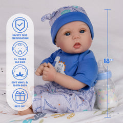 Milidool 18-inch vinyl skin doll simulates newborn feel for gentle handling.