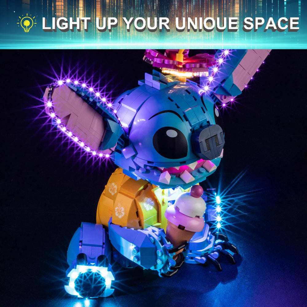 Mililier LED Light Kit for Lego 43249 Stitch wires hidden behind bricks for clean setup.