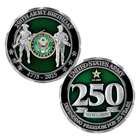 Military Gift Shop United States Army 250th front coin with emblem and vibrant finish for display