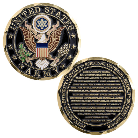 Military Gift Shop Soldier's Creed Coin front view with Army seal, a proud keepsake.