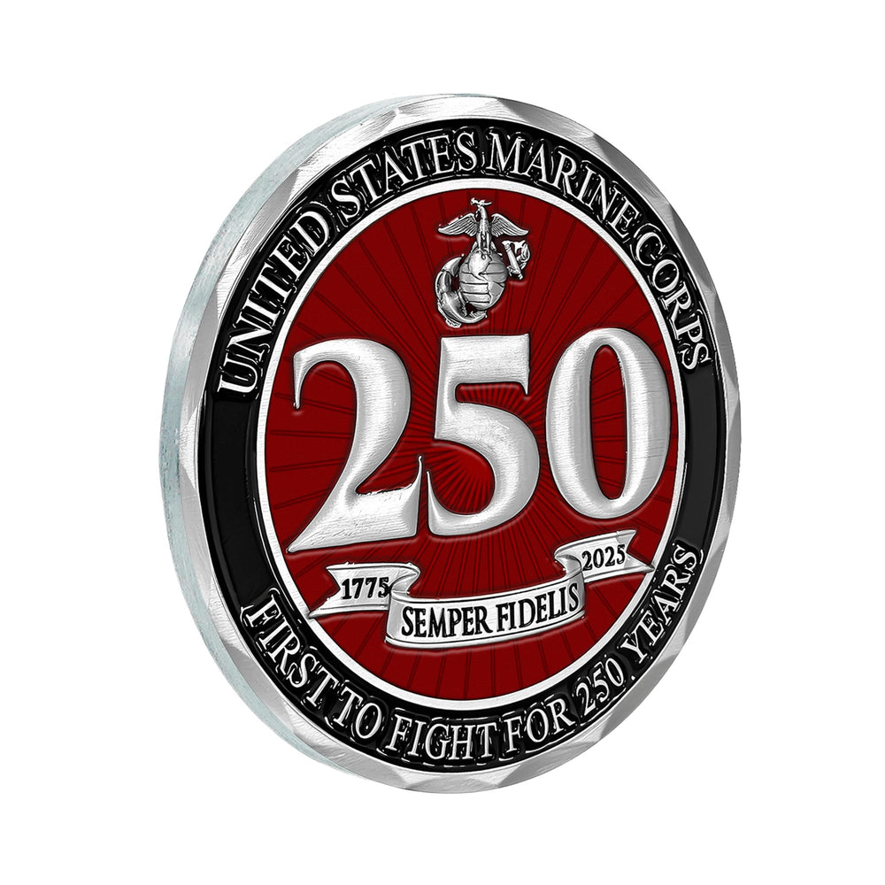 Military Gift Shop USMC 250th coin front and back storytelling design.