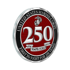 Military Gift Shop USMC 250th coin front and back storytelling design.