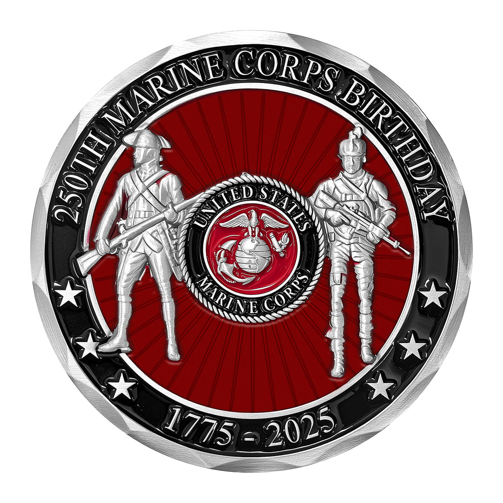 Military Gift Shop USMC 250th coin back shows Marine evolution and seal.