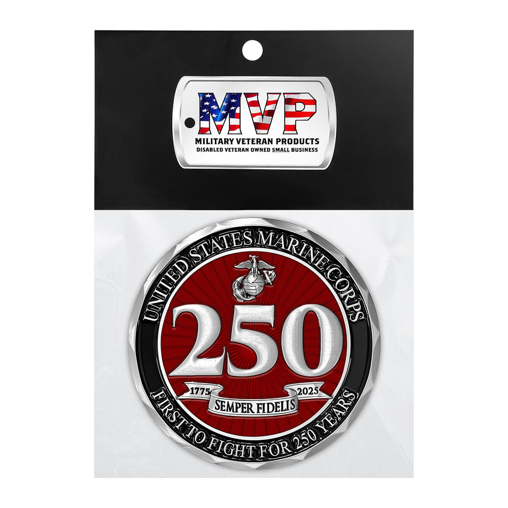 Military Gift Shop USMC 250th coin enamel accents in red and black.