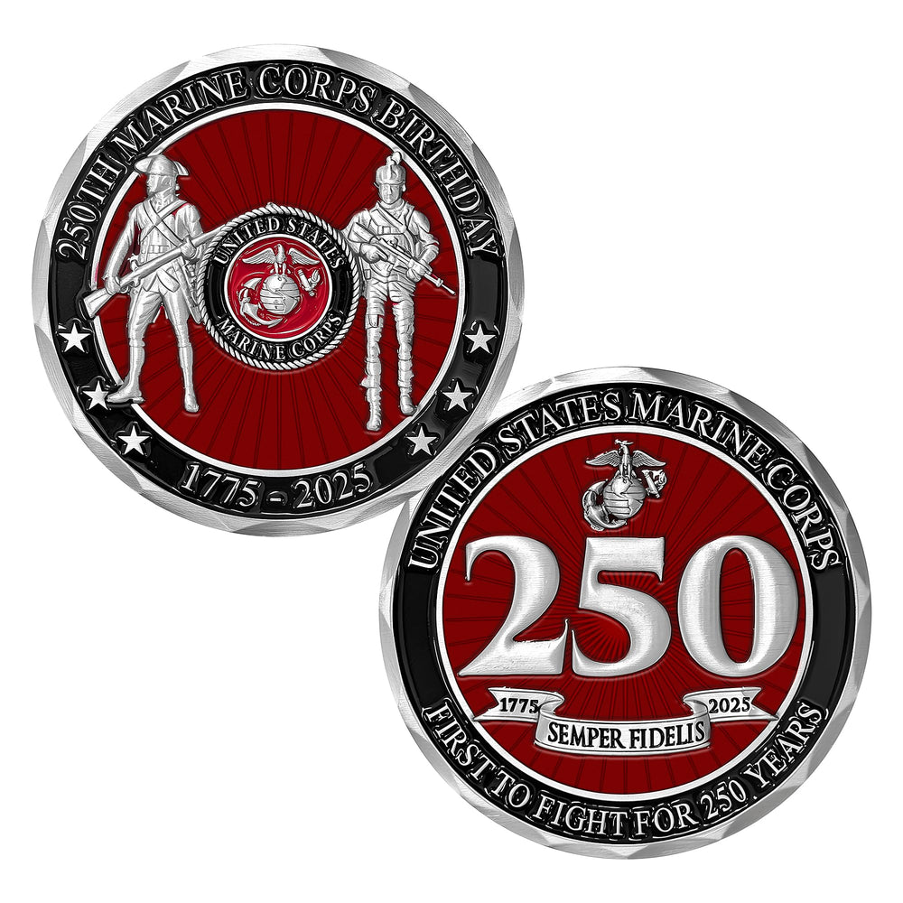 Military Gift Shop USMC 250th coin front view with Semper Fidelis.