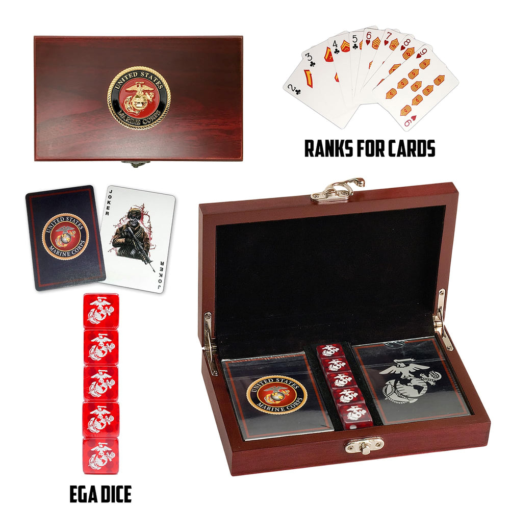 Military Gift Shop USMC playing cards show Marine logo backs.