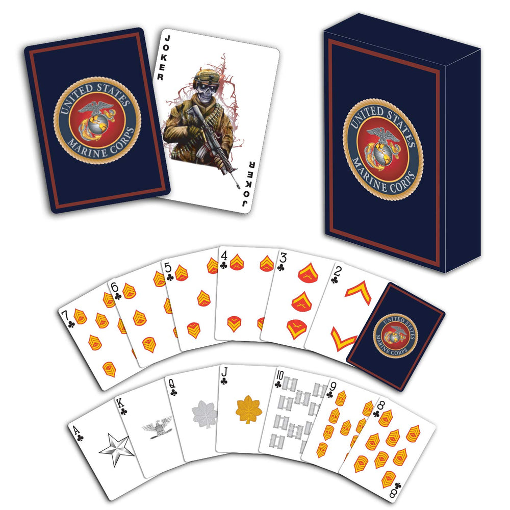 Military Gift Shop USMC playing cards with rank insignia back design for authentic Marine flair.