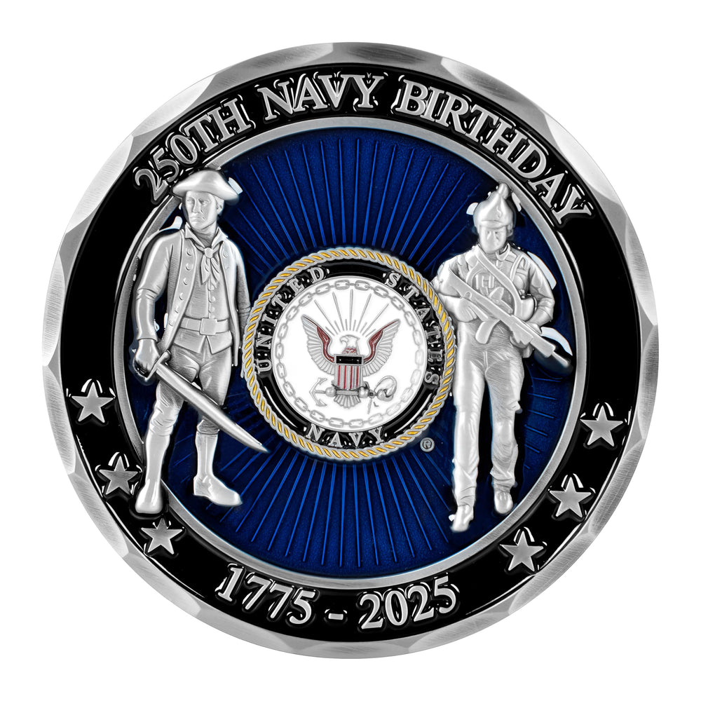Military Gift Shop USN 250th back contrast with sailor and modern Navy.