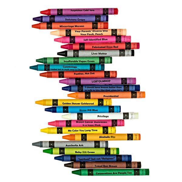 MilkToast Brands Offensive Crayons Original Edition closeup, highly pigmented wax for bold, irreverent artwork