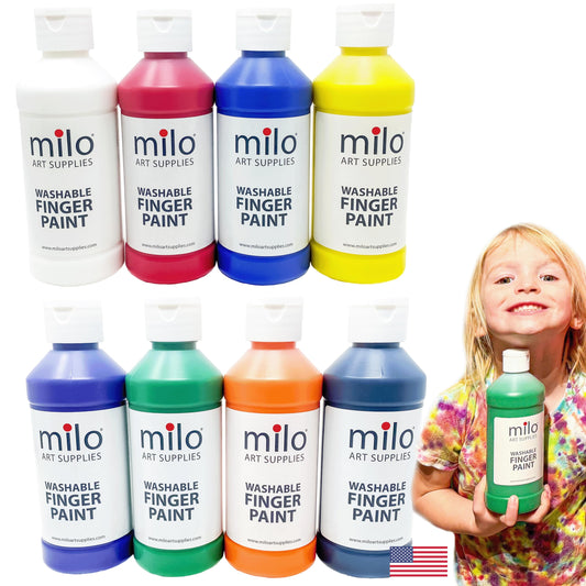 Milo kids washable finger paint set eight colors in bottles for classroom crafts.
