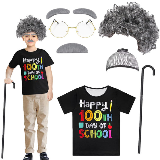 Miltrs old man costume kit features a festive 100 Days T shirt for play and school events.
