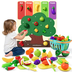 Mimiblooms Play Fruit Cutting Set—colorful fruits for creative pretend cooking and fine motor play.