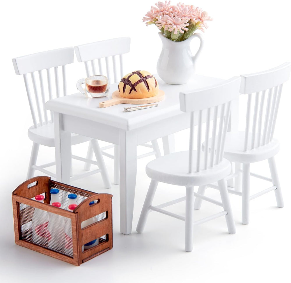 Minamzee 1:12-scale dining table pairs with chairs for proportionate dollhouse fittings.